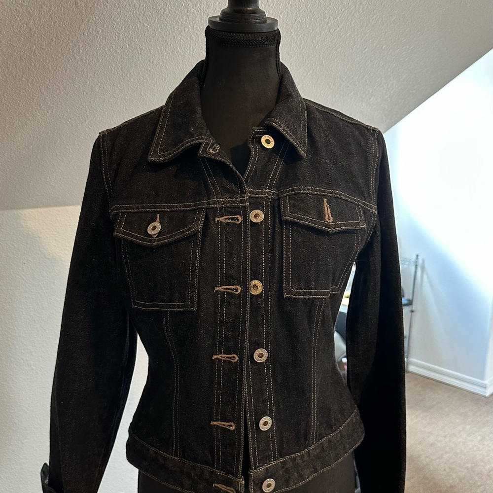 Guess Black Jean Jacket Fitted Silhouette Contrast Stitching